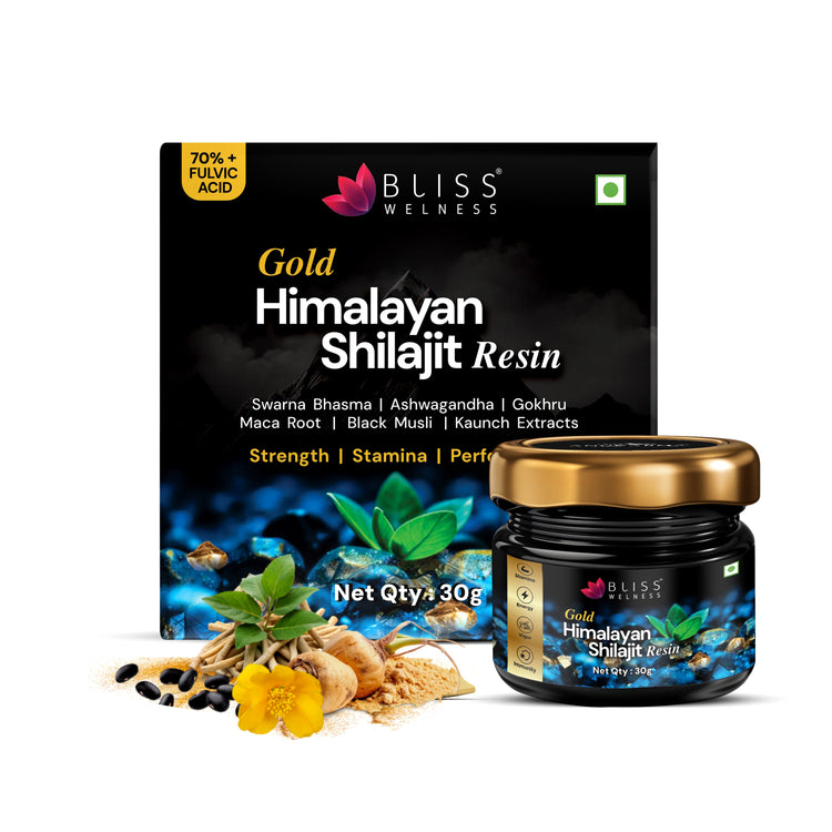 Bliss Wellness Gold Himalayan Shilajit Resin packaging with ingredients displayed on a white background