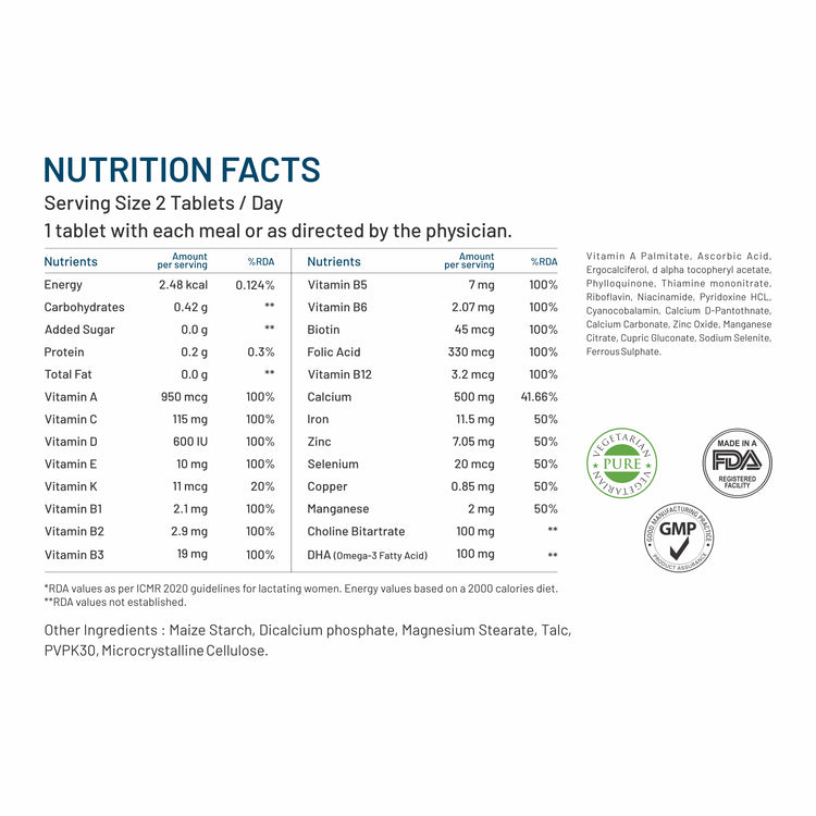 Boosts energy and mood: Bliss Welness Postnatal Multivitamin is formulated with B vitamins supporting reduced feelings of fatigue and tiredness. Also, DHA( Omega-3 fatty acids ) helps improve mood and supports reduction of symptoms of depression.