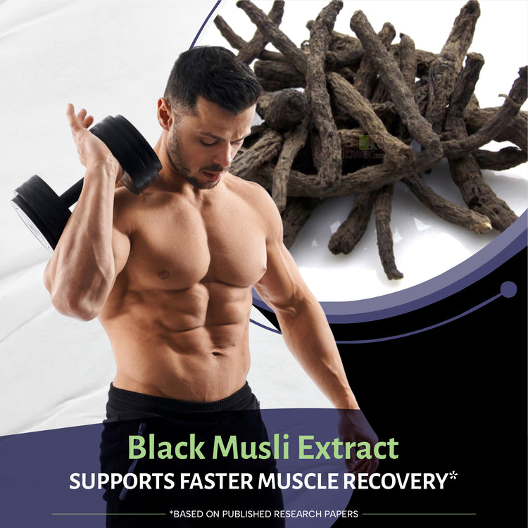 Man lifting weights with black musli extract and roots on a white background