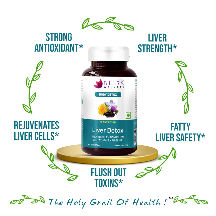 Bottle of liver detox supplement with text and graphics on a white background
