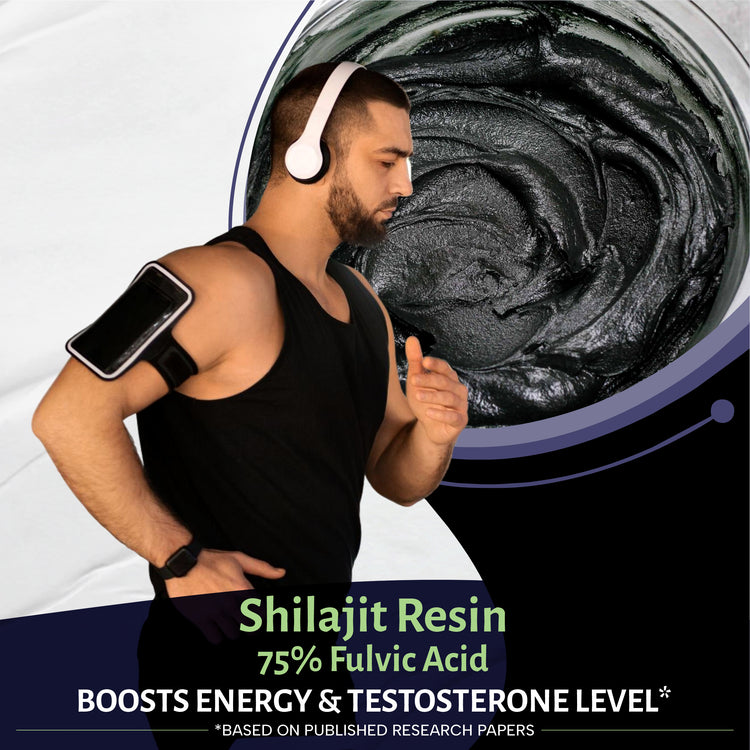 Man in black tank top and headphones with a large container of Shilajit Resin in the background