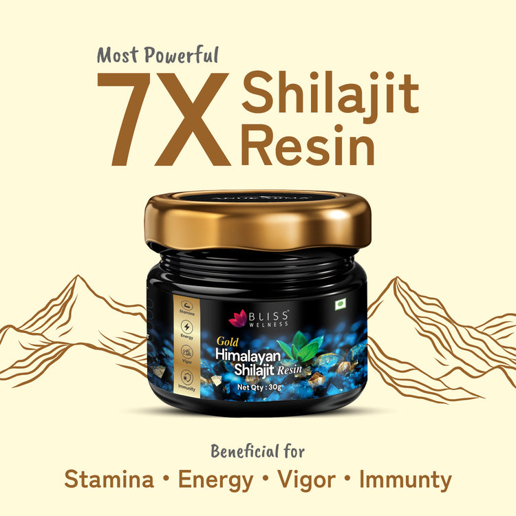 Jar of 7X Shilajit Resin with mountain and hand illustrations on a beige background