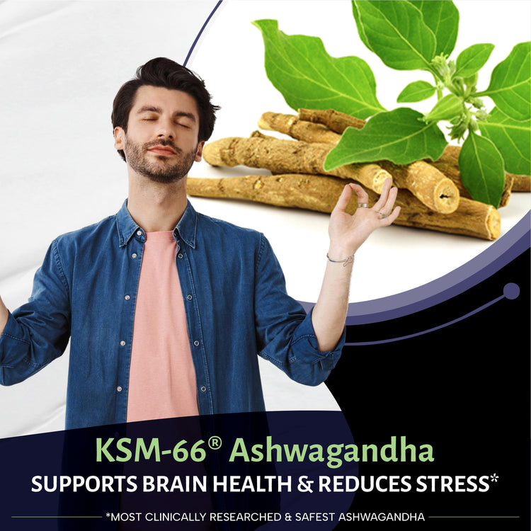 Man with closed eyes and a plant, promoting KSM-66 Ashwagandha for brain health and stress reduction.