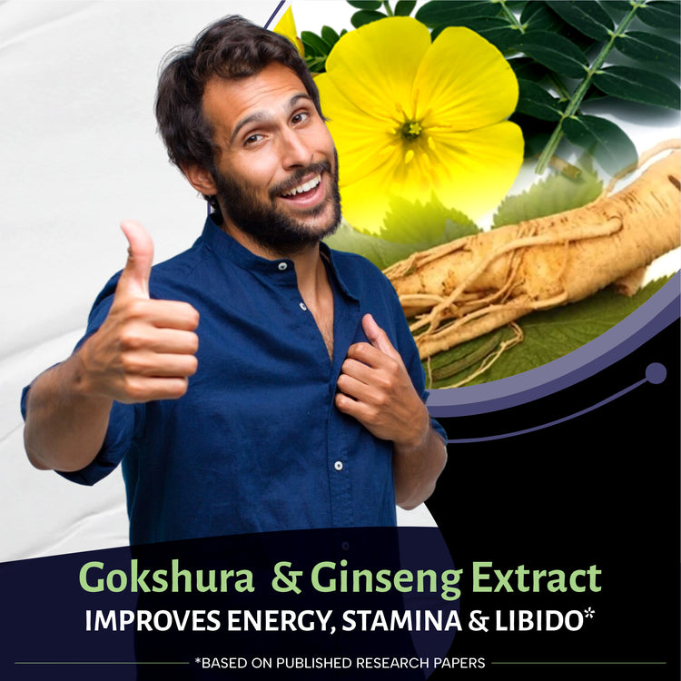Man giving a thumbs-up with gokshura and ginseng extract and a yellow flower in the background