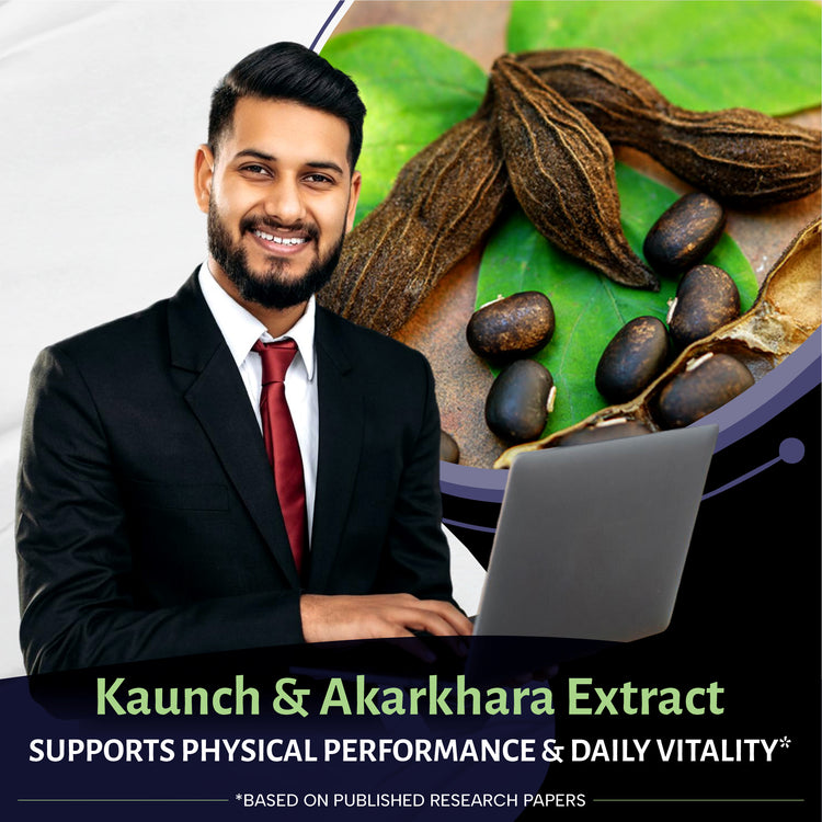 Man in a suit with laptop next to images of kaunch and akarkhara, with text about their benefits.