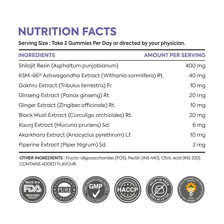 Nutrition facts label with ingredients and certification logos on a white background