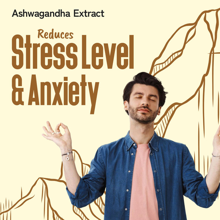 Man with closed eyes and arms raised against a beige background with text about Ashwagandha Extract&