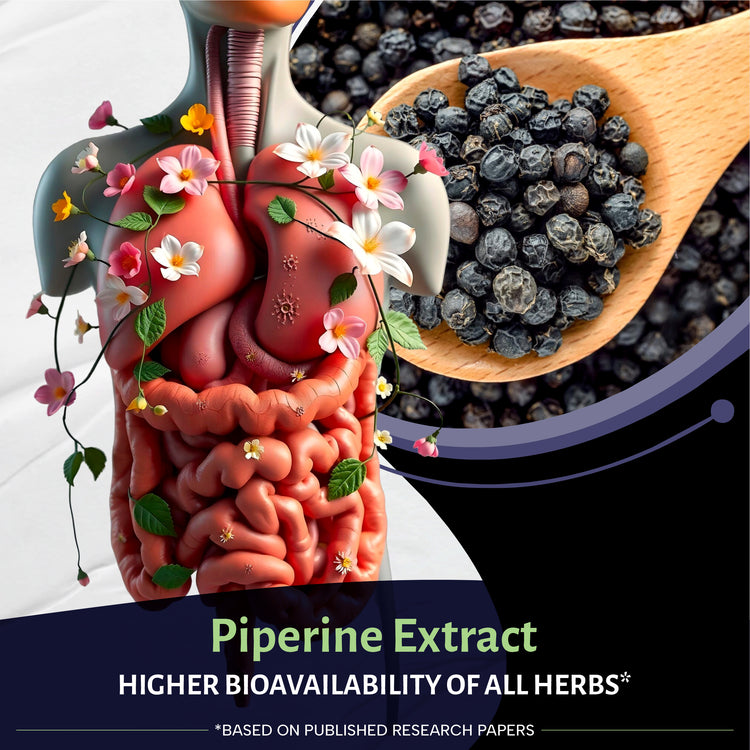 Illustration of human organs with flowers and a wooden spoon full of black pepper, labeled &