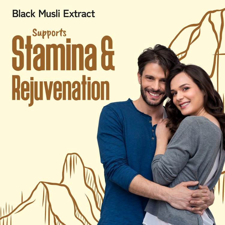 Couple embracing with text about Black Musli Extract supporting stamina and rejuvenation on a beige background.