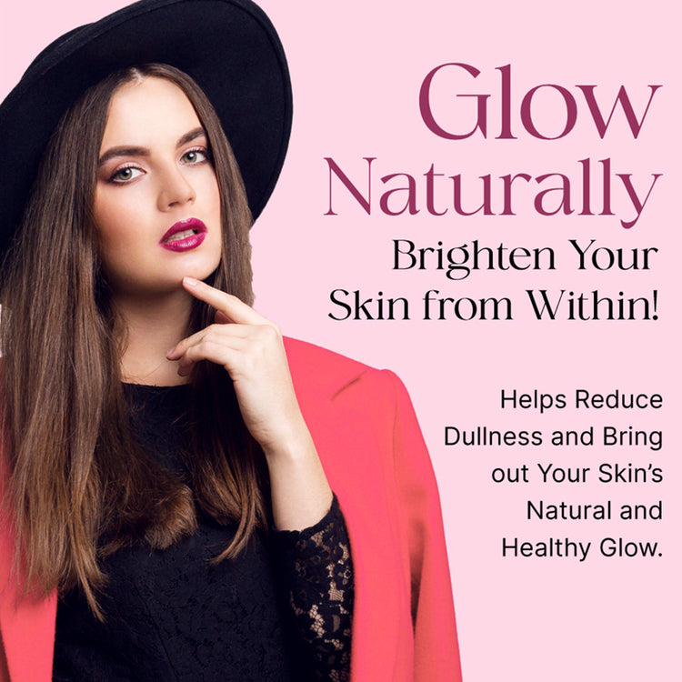 Woman wearing a black hat and red coat with promotional text about skin brightening on a pink background