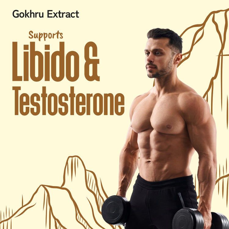 Man holding dumbbells with text about Gokhru Extract supporting libido and testosterone on a beige background