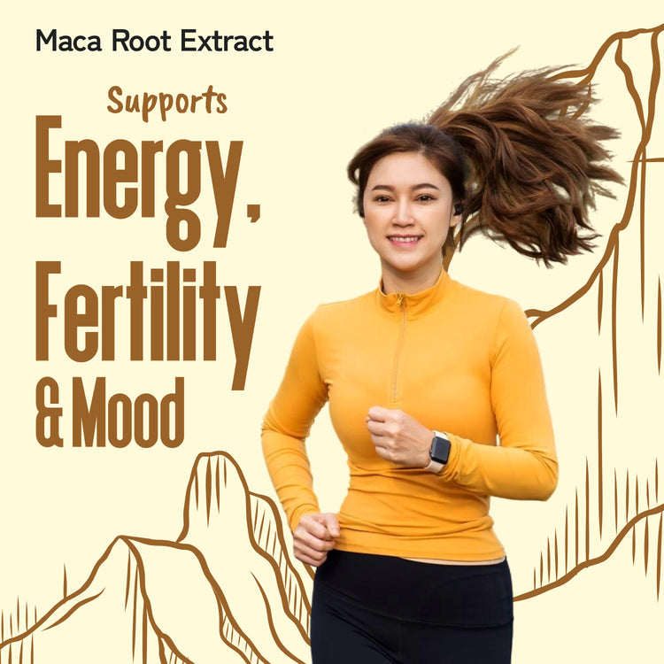 Woman in athletic wear running with text about Maca Root Extract benefits on a beige background