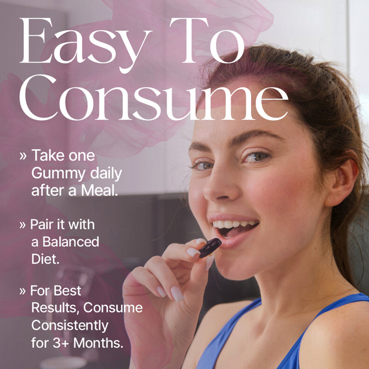 Woman taking a gummy supplement with text about consumption instructions.