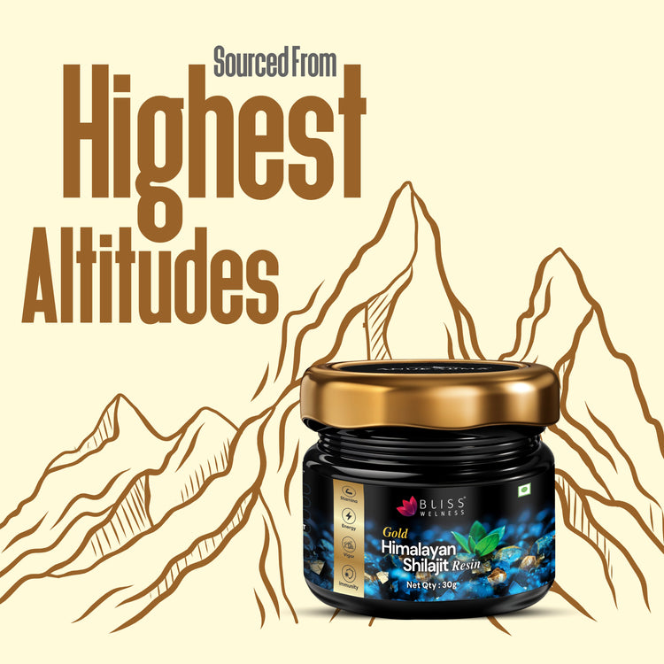 Jar of Gold Himalayan Shilajit Resin with mountain design and text &