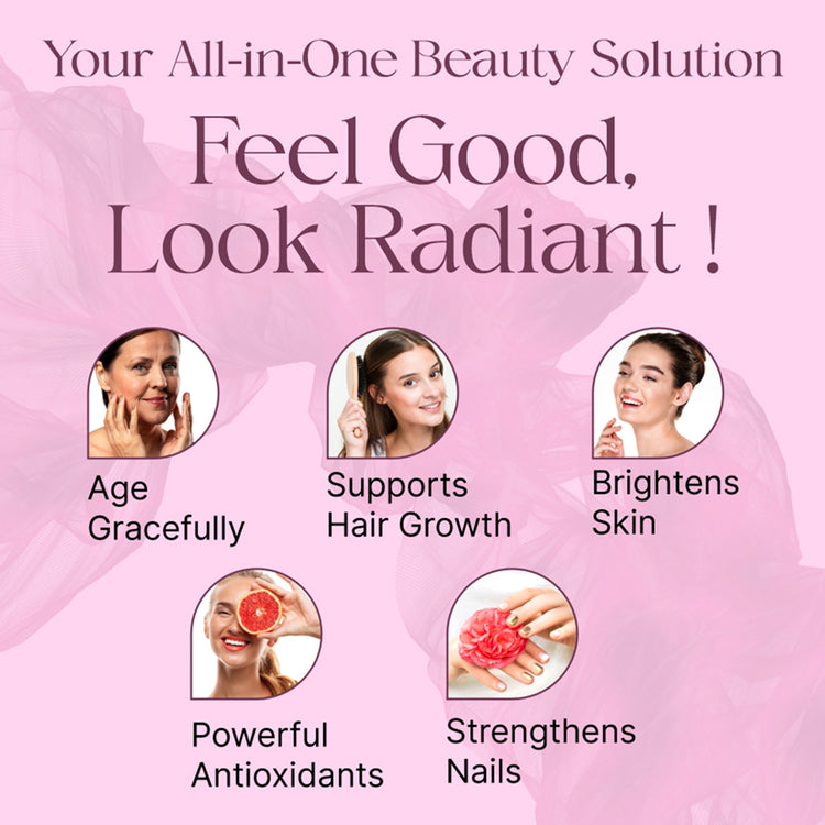 Advertisement for a beauty solution with images of women and text on a pink background