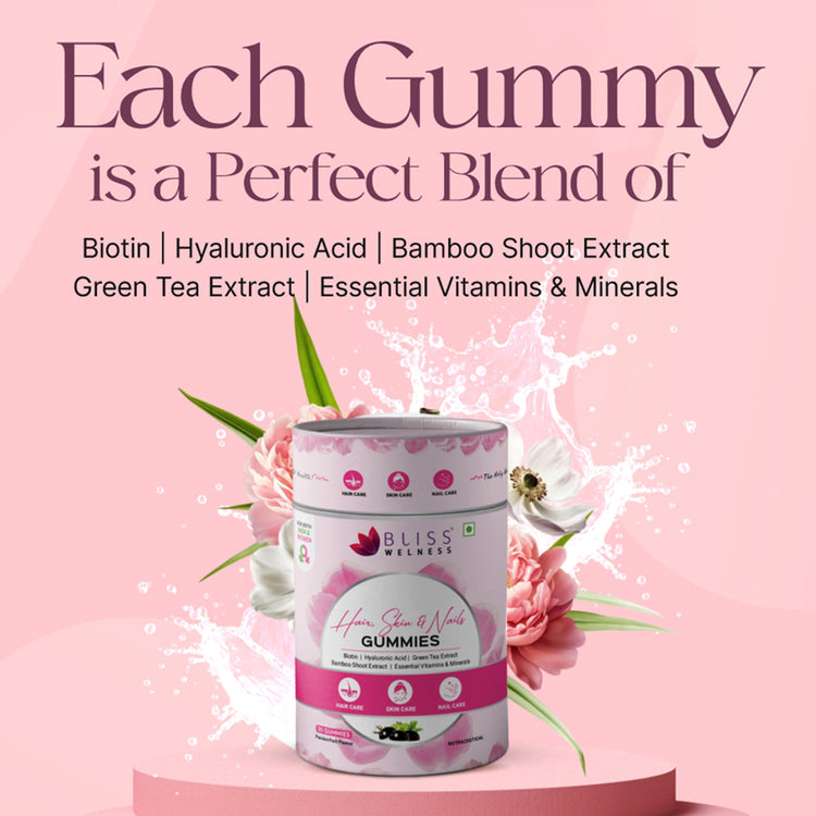 Bliss Wellness gummy supplement container with pink background and product details.