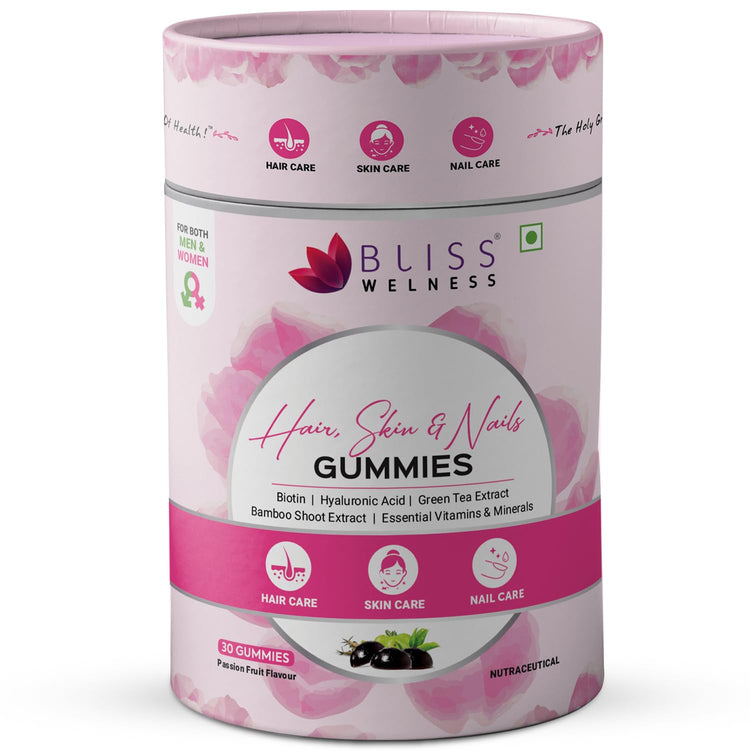Bliss Wellness Hair, Skin & Nails Gummies container with pink and white design on a white background