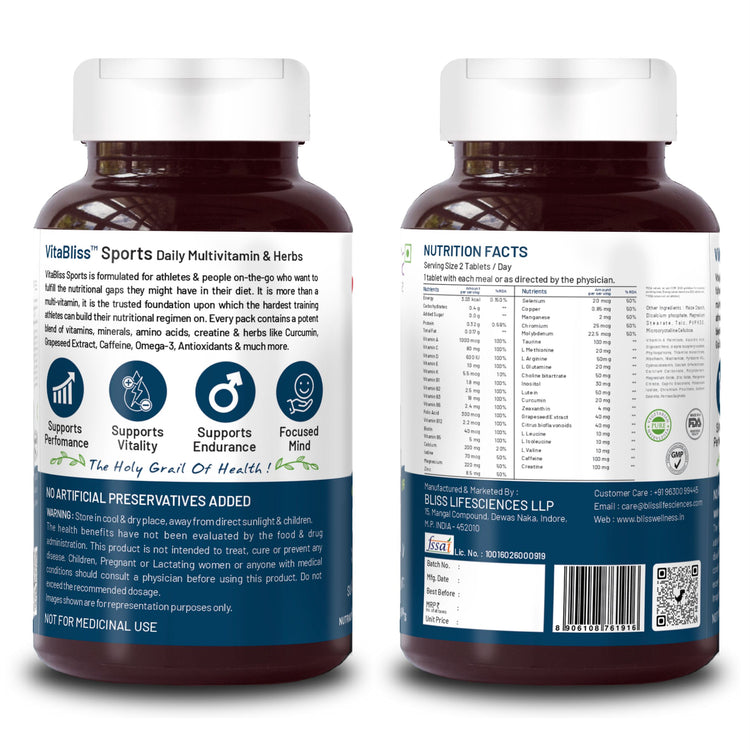 Bliss Welness VitaBliss Sports Multivitamin|Vitamin A E C D K B1 B2 B3 B6 B12 Biotin Calcium Zinc Magnesium Amino Acids Antioxidants | Supports Performance, Focus, Vitality and Endurance- 60 Veg Tablets