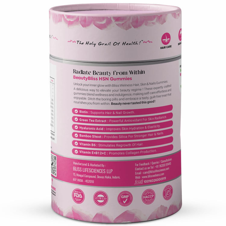 Pink and white container with text and graphics on a white background