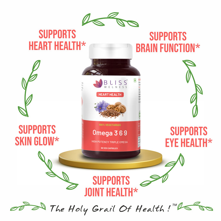Bottle of Omega 3 6 9 supplements with health benefits listed on a white background.