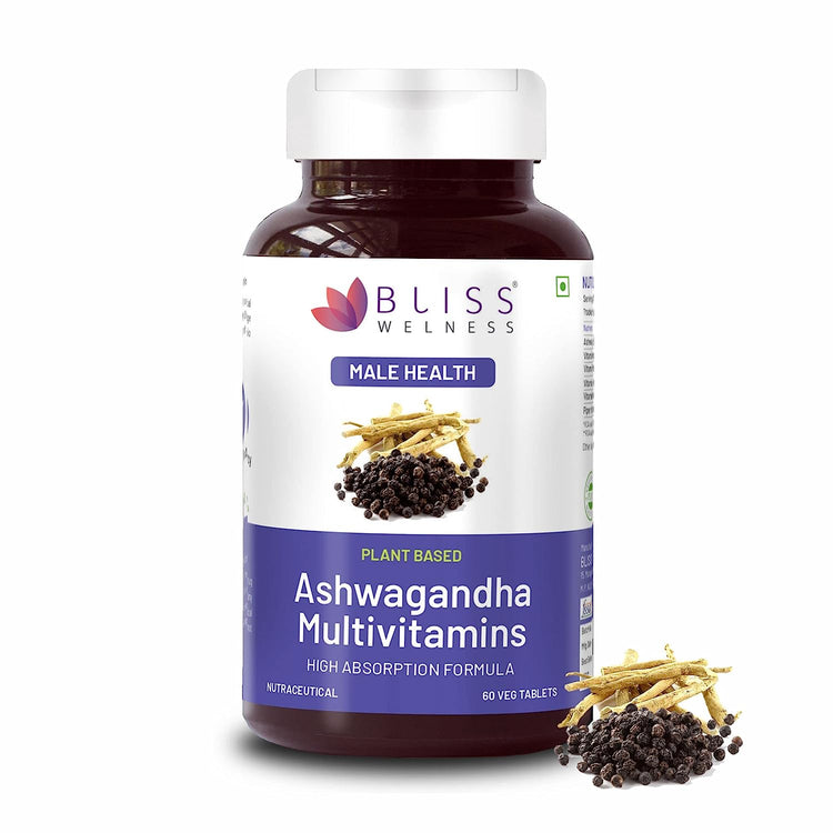 A bottle of Bliss Welness Male Health Ashwagandha Multivitamins, with a visual representation of ashwagandha root in front of the bottle.