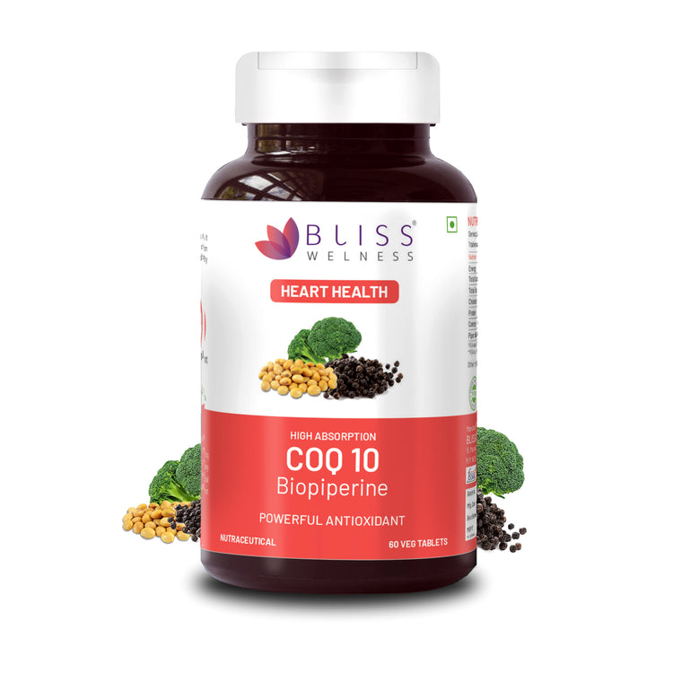 A bottle of Bliss Welness CardioBliss Vital Heart Health supplement with Coenzyme Q10 and BioPiperine, alongside images of CoQ10-rich foods and a depiction of a tablet, against a white background.