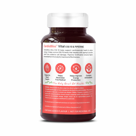 Bliss Welness CardioBliss Vital Heart Health Healthy Ageing | Coenzyme Q10 (CoQ10) 100mg with High Absorption BioPiperine 5mg | Glowing Skin Sugar Immunity Management Supplement - 60 Vegetarian Tablets
