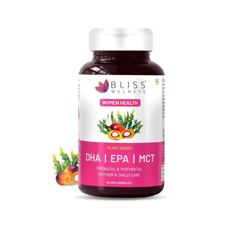 A bottle of Bliss Welness BrainBliss Platinum Omega-3 DHA+ EPA+ MCT supplements with 60 vegetarian capsules, labeled for prenatal and postnatal mother and child care.