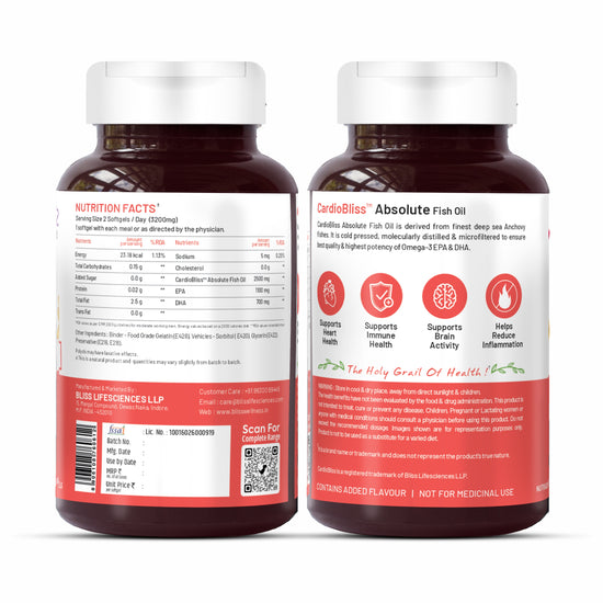 Bliss Welness CardioBliss Absolute Fish Oil Triple 3X Strength 2500mg | 1100mg EPA 700mg DHA 200mg Other Omega 3 6 9 Fatty Acid | Cold Pressed Molecular Distilled Burp Free | Brain Heart Joints Eye Muscle Build Skin Health Supplement -60 Softgel Caps