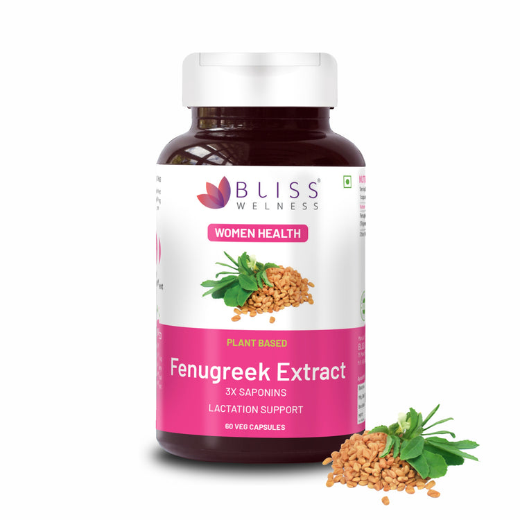 A bottle of Bliss Welness GlucoBliss Natural Fenugreek Extract capsules with the label showing the product name and an image of fenugreek seeds. The background is white.