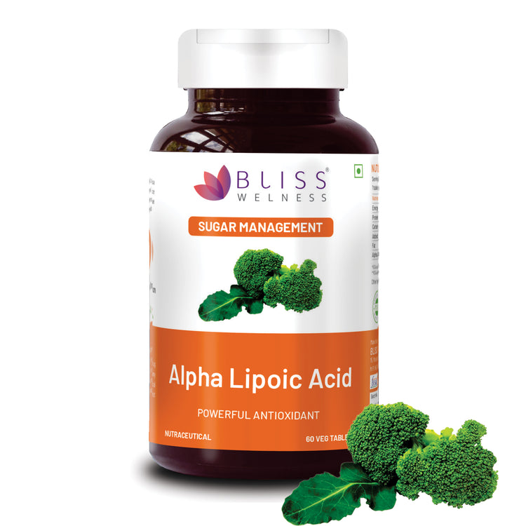 A bottle of Bliss Welness GlucoBliss Ultra Liver Care Antioxidant with Alpha Lipoic Acid, alongside graphic representations of liver and broccoli.