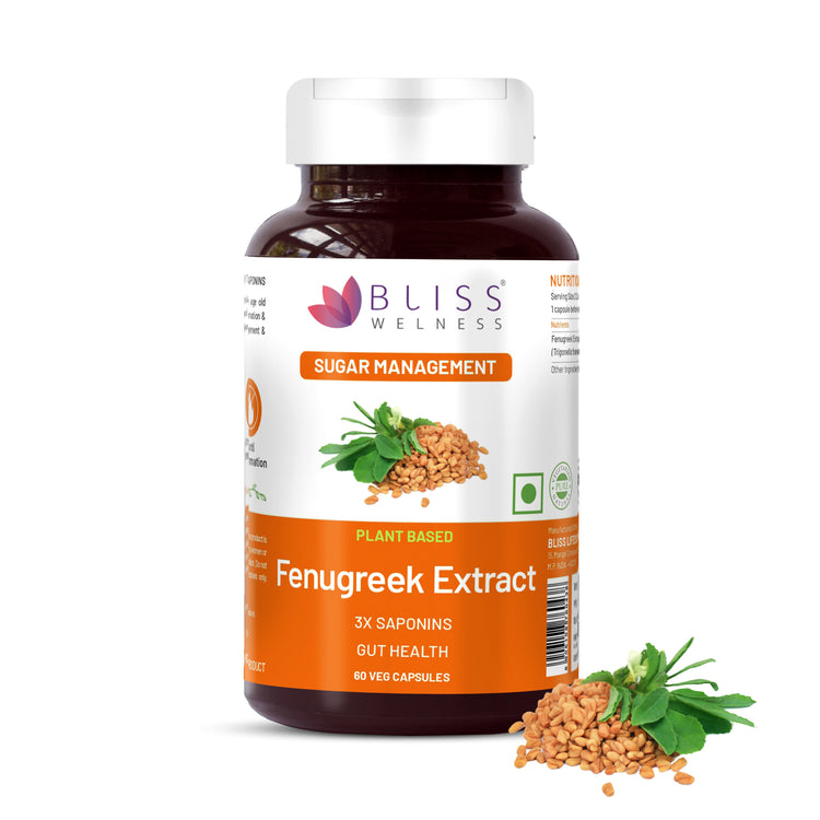 A bottle of Bliss Welness GlucoBliss Natural Pure Fenugreek Extract with 3X Saponins 1000mg Ayurvedic Herbal Supplement, alongside a visual representation of fenugreek seeds and leaves.