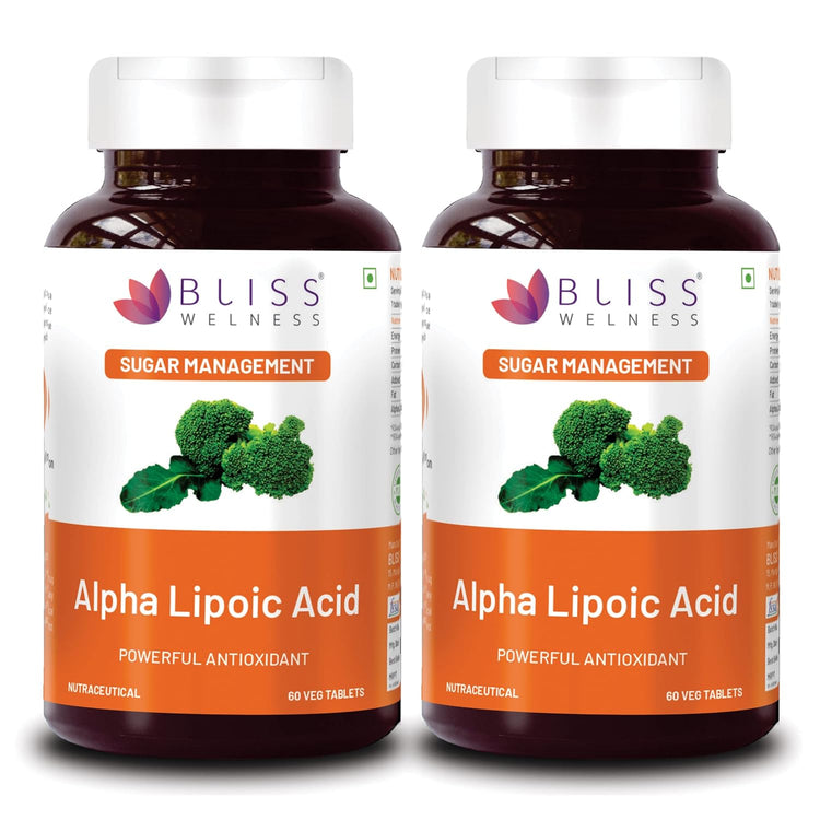 A bottle of Bliss Welness GlucoBliss Ultra Liver Care Antioxidant with Alpha Lipoic Acid, alongside graphic representations of liver and broccoli.