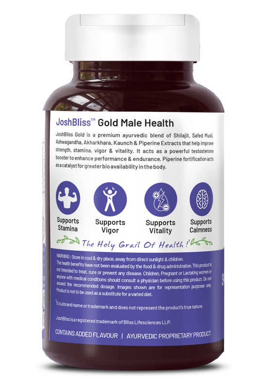 Bliss Welness JoshBliss Gold Stamina Energy Boost | Pure Shilajit Ashwagandha Kaunch Safed Musli Akharkhara Extract with BioPiperine | Improves Endurance Vitality | Men Health Supplement - 60 Vegetarian Tablets