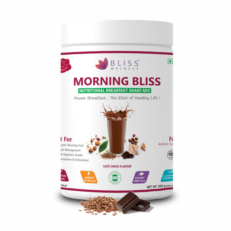 A container of Bliss Welness Morning Bliss Nutritional Breakfast Shake Mix, with a Café Choco flavor theme, accompanied by loose tea leaves and a chocolate piece, against a white background.
