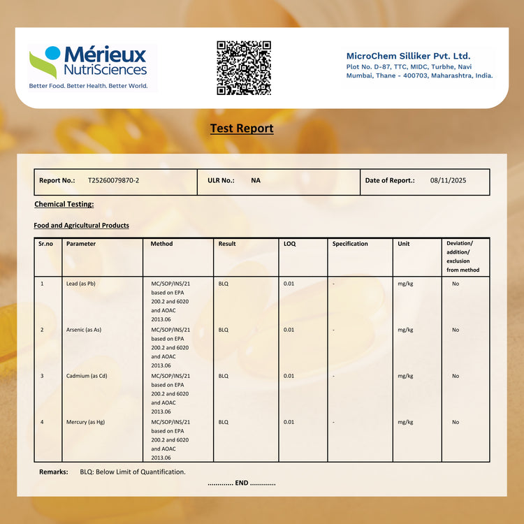 Mérieux Nutrisciences test report with chemical testing results.