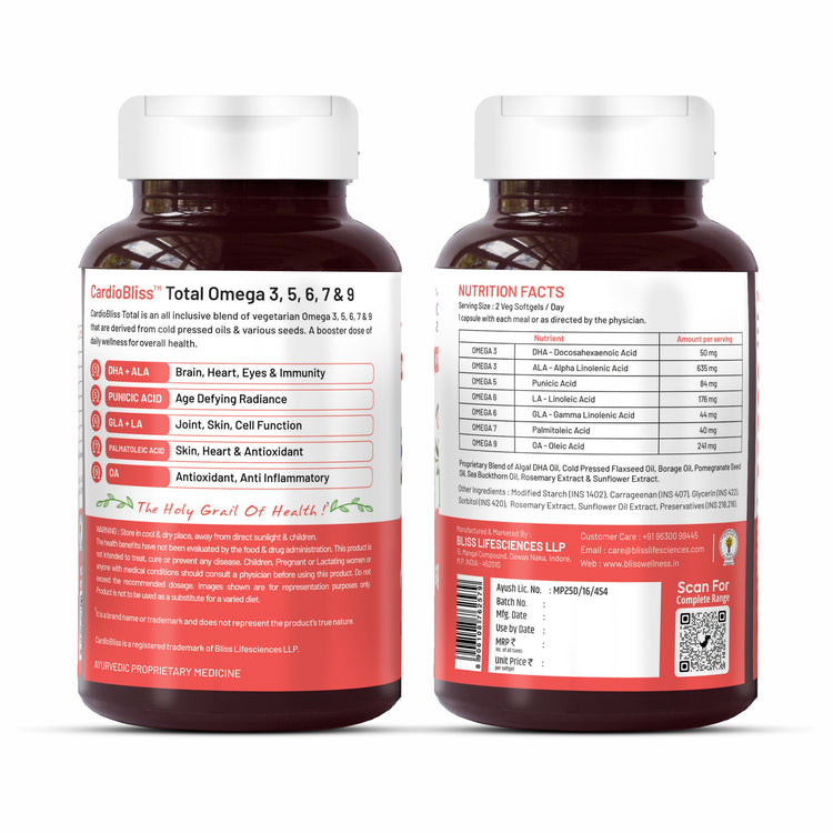 Two bottles of CardioBliss Total Omega 3, 5, 6, 7 & 9 supplements on a white background