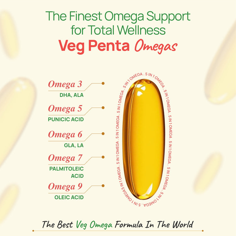 Veg Penta Omegas supplement with omega acids labeled on a white background