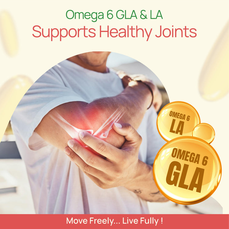 Advertisement for Omega 6 GLA & LA supplements showing a person holding their shoulder with text about joint health.