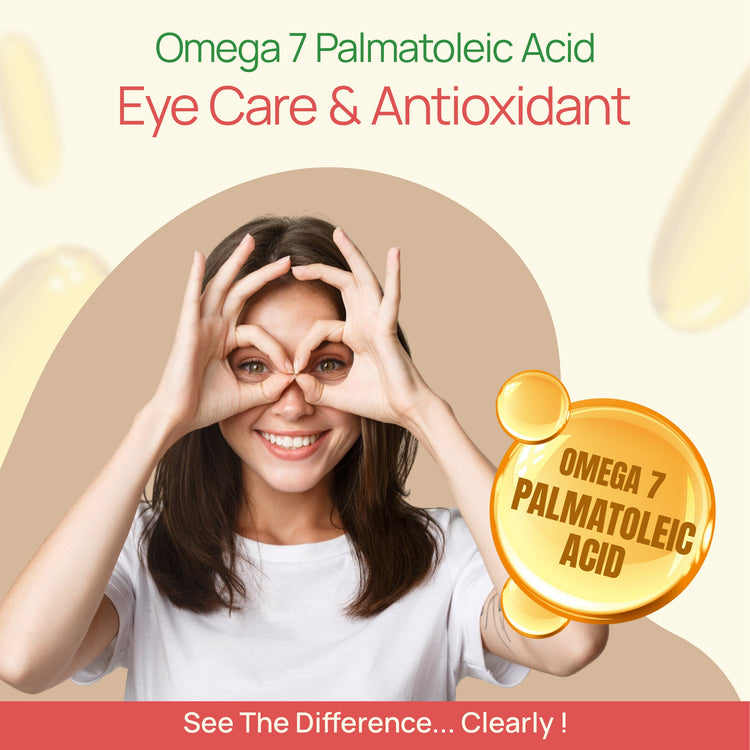 Woman holding hands over eyes with Omega 7 Palmitoleic Acid product on beige background
