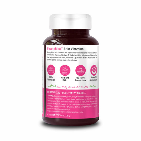 Bliss Welness BeautyBliss Skin Vitamins | Hyaluronic Acid + Alpha Lipoic Acid + Grapeseed + BlueBerry Extract | For Glowing, Radiant, Hydrated & Supple Skin | Vegetarian Supplement – 60 Veg Tablets