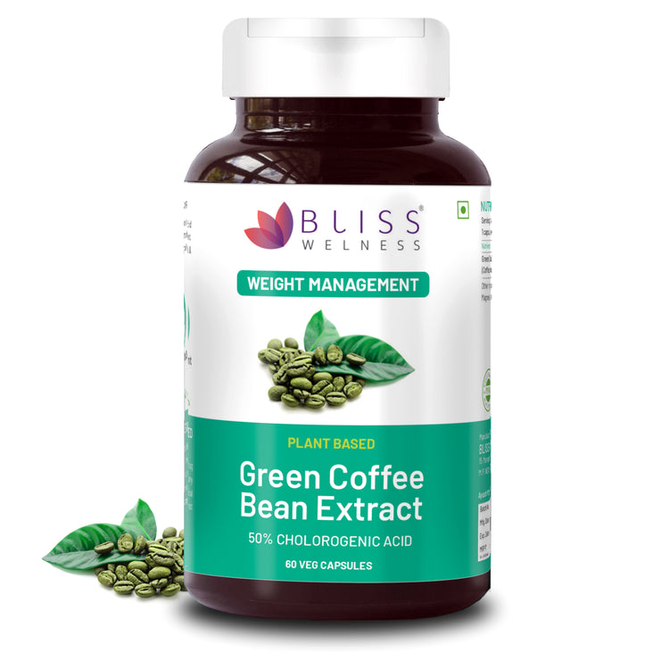 A bottle of Bliss Welness SlimBliss Pure Weight Management Appetite Control supplement with green coffee bean extract, containing 60 vegetarian capsules.