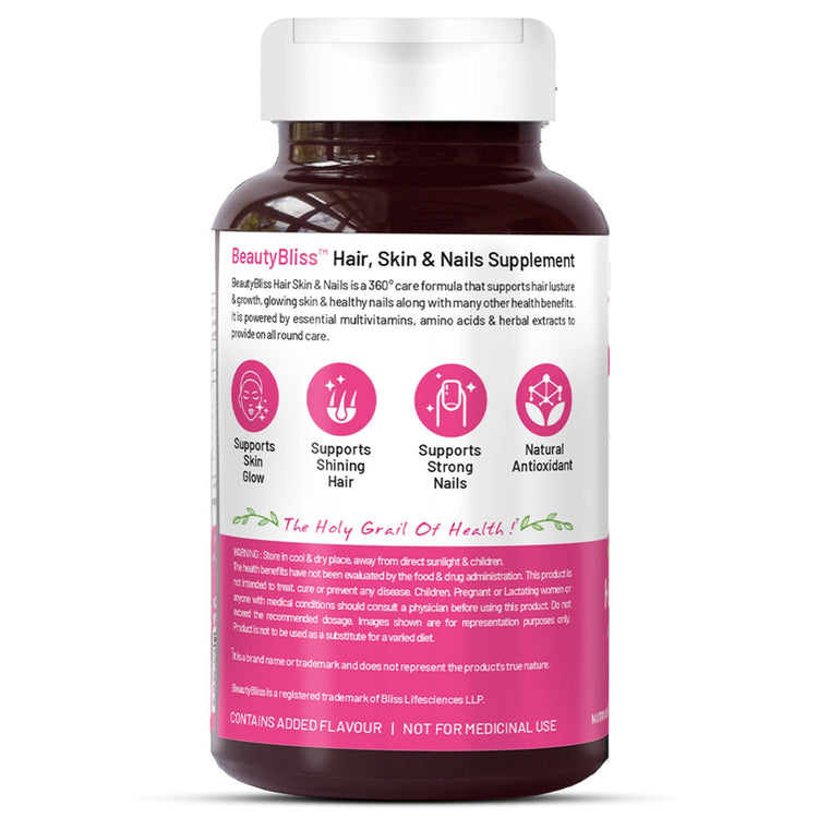 Bliss Welness BeautyBliss Hair Skin & Nail Vitamin | Hyaluronic Acid + Glutathione + Biotin + Curcumin + Multivitamins | For Stronger Hair Growth, Healthier Nails & Supple Skin | Vegetarian Supplement – 60 Veg Tablets - Bliss Welness