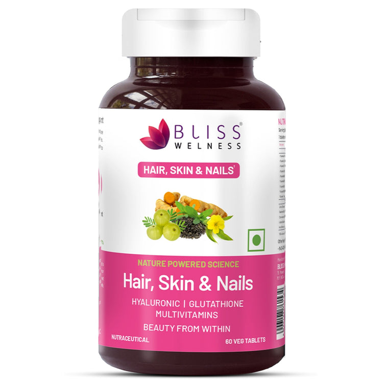 Bliss Welness BeautyBliss Hair Skin & Nail Vitamin | Hyaluronic Acid + Glutathione + Biotin + Curcumin + Multivitamins | For Stronger Hair Growth, Healthier Nails & Supple Skin | Vegetarian Supplement – 60 Veg Tablets - Bliss Welness