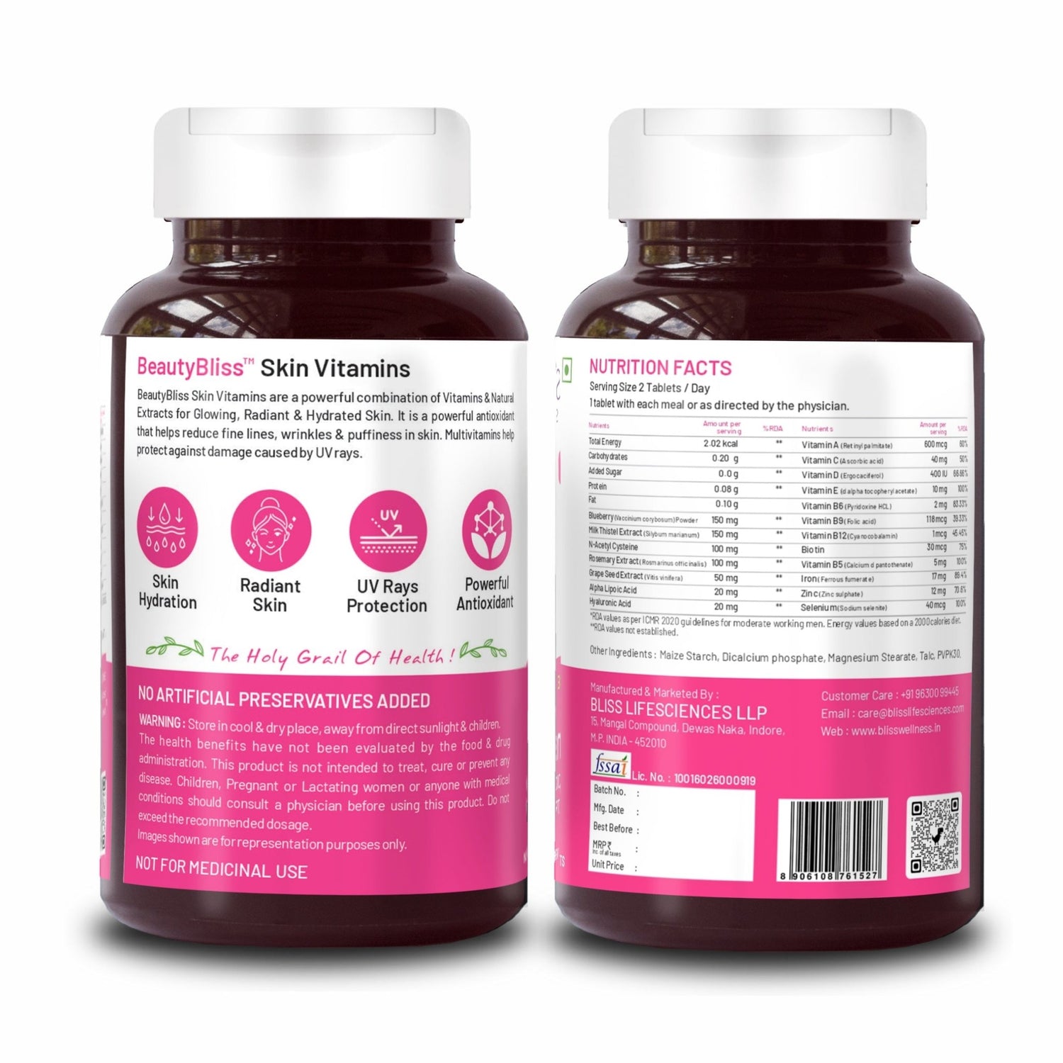 Bliss Welness BeautyBliss Skin Vitamins | Hyaluronic Acid + Alpha Lipoic Acid + Grapeseed + BlueBerry Extract | For Glowing, Radiant, Hydrated & Supple Skin | Vegetarian Supplement – 60 Veg Tablets - Bliss Welness