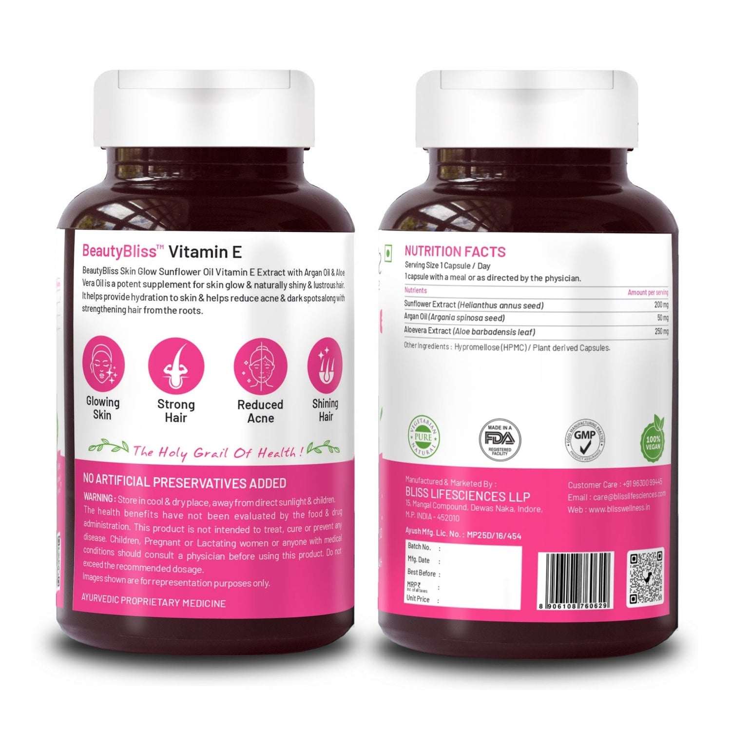 Bliss Welness BeautyBliss Vitamin E Capsules For Skin Glow Healthy Hair & Face Care | With Natural Sunflower Oil Argan Oil Aloe Vera Oil | Vegetarian Supplement - 30 Capsules - Bliss Welness