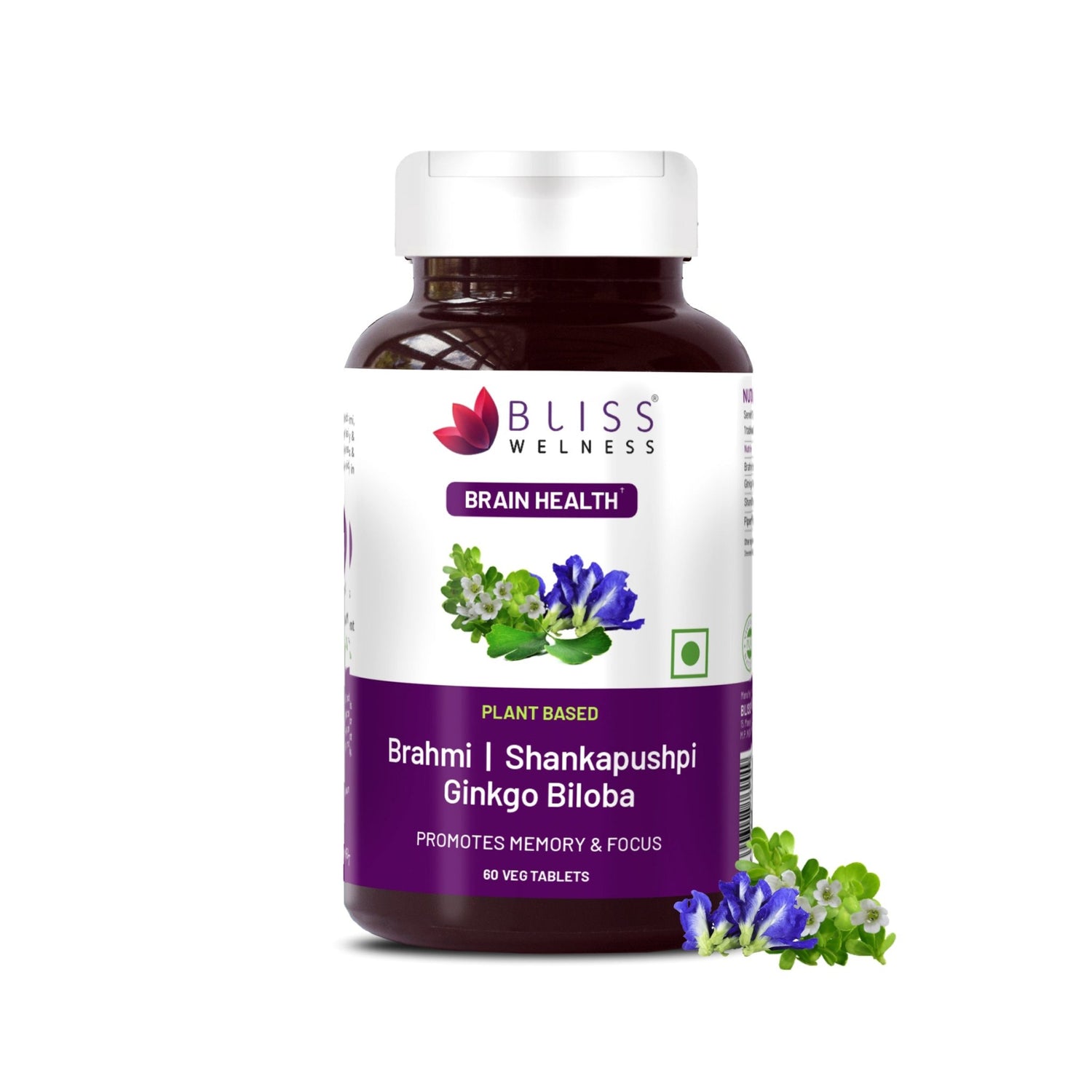 Bliss Welness BrainBliss health tablet for Memory Focus Mood | Brahmi Shankpushpi Ginkgo Biloba & Piperine | Cognitive Development Alertness Anti Anxiety Supplement - 60 Veg Tablets - Bliss Welness