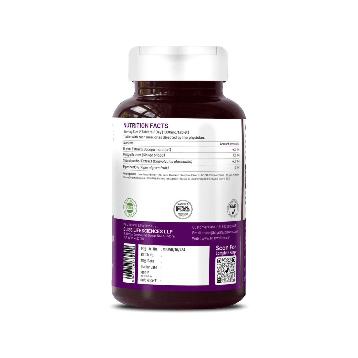 Bliss Welness BrainBliss health tablet for Memory Focus Mood | Brahmi Shankpushpi Ginkgo Biloba & Piperine | Cognitive Development Alertness Anti Anxiety Supplement - 60 Veg Tablets - Bliss Welness