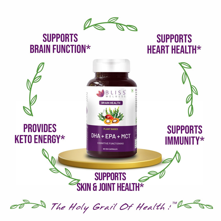 Bliss Welness BrainBliss Platinum Plant Based DHA+ EPA+ MCT | For Brain Heart & Eye Health Development Health Supplement - 60 Vegetarian Capsules - Bliss Welness