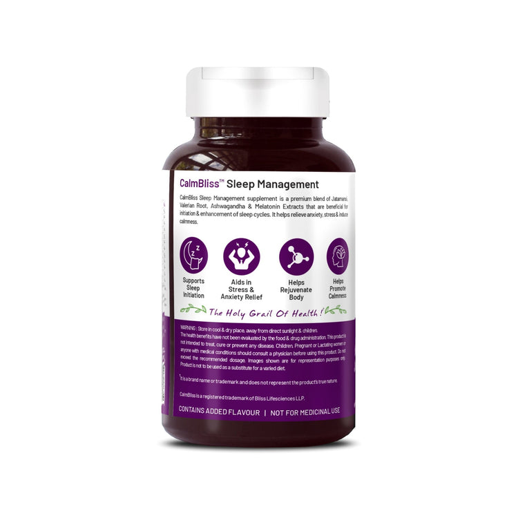Bliss Welness CalmBliss Sleep Management Combo Of Jatamansi, Ashwagandha, Valerian Root & Melatonin For Good Sleeping Cycle - 60 Veg Tablets - Bliss Welness